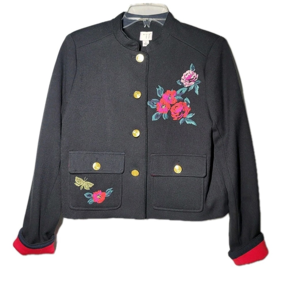 A New Day Black Military Size 2 Floral Embroidered Black Short Jacket